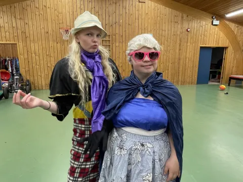 Búningafjör, tveir vinir í búning í salnum