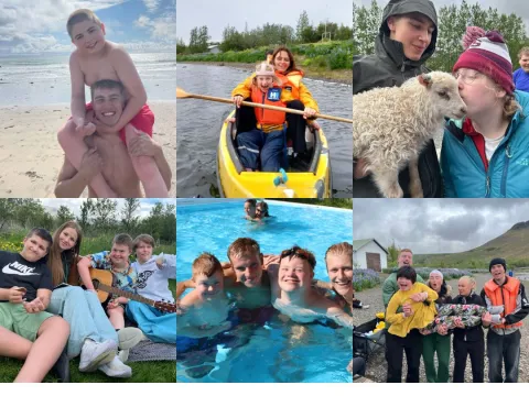 Strand, róður, lamb, pikknikk, sundlaug, hamingjusöm börn.