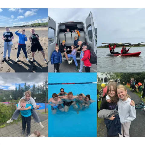 Samsett mynd af síðasta sumri. Hópar af gestum í sundi, á báti, í fjöruferð og í almennu stuði.