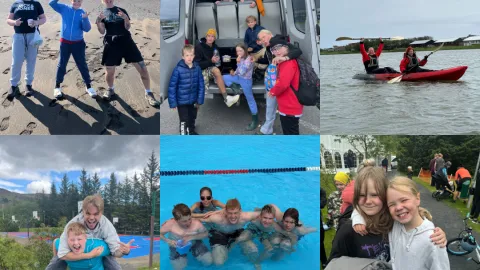 Samsett mynd af síðasta sumri. Hópar af gestum í sundi, á báti, í fjöruferð og í almennu stuði.